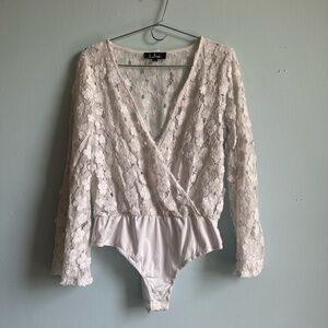 Lulus bridal bodysuit, appliqué and sheer.